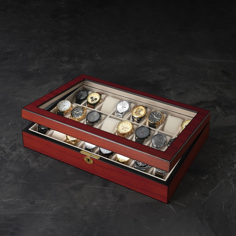 CHERRY WOOD DISPLAY WATCH BOX Jewelry Case WATCHES ⌚️⏱️ with key lock - Picture 5 of 10